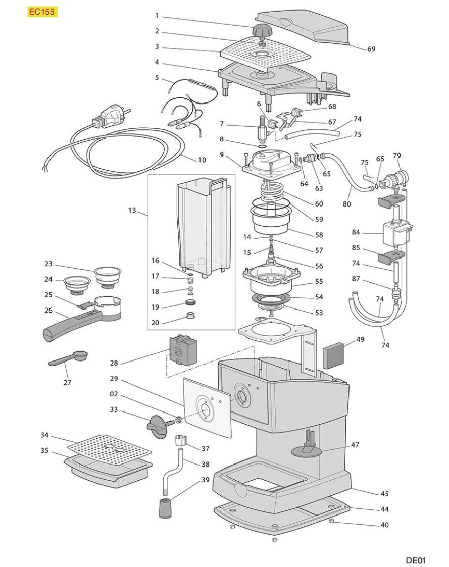 Кофемашина делонги не работает. Delonghi рожковая кофемашина EC 155. Кофемашина Delonghi 2600 схема сборки. Схема устройства кофемашины Делонги. Кофеварка Delonghi EC 35.31 схема электрическая.